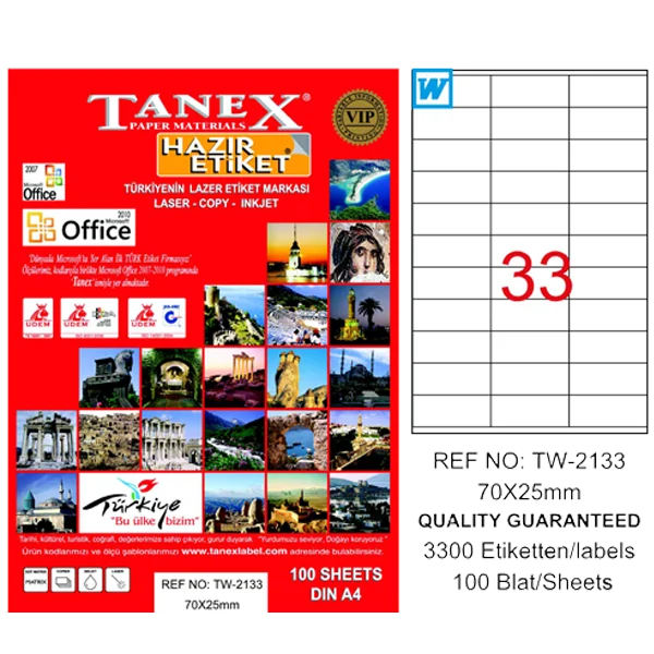 Tanex Laser Etiket 100 YP 70x25 Laser-Copy-Inkjet TW-2133