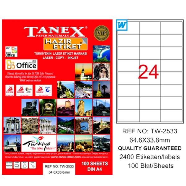 Tanex Laser Etiket 100 YP 64x33 Laser-Copy-Inkjet TW-2533