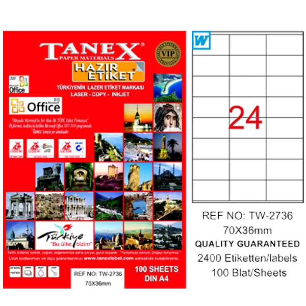 Tanex Laser Etiket 100 YP 70x36 Laser-Copy-Inkjet TW-2736