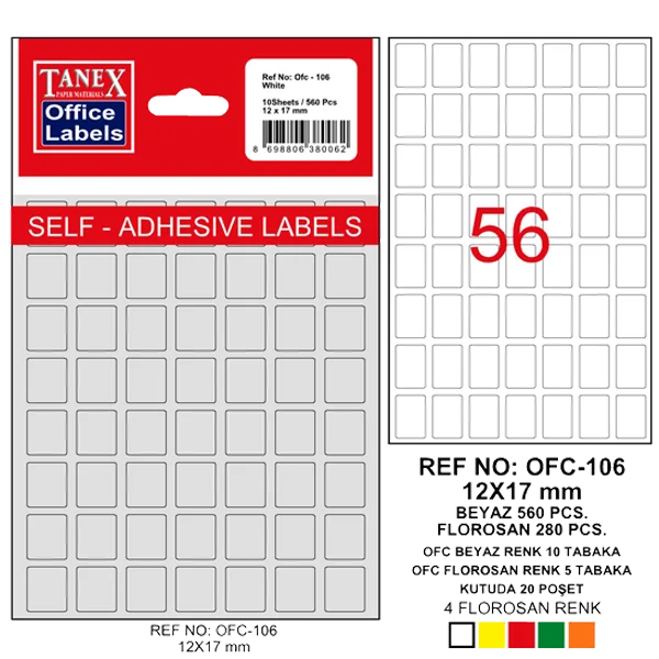 Tanex Ofis Etiketi Poşetli 12x17 MM Beyaz OFC-106