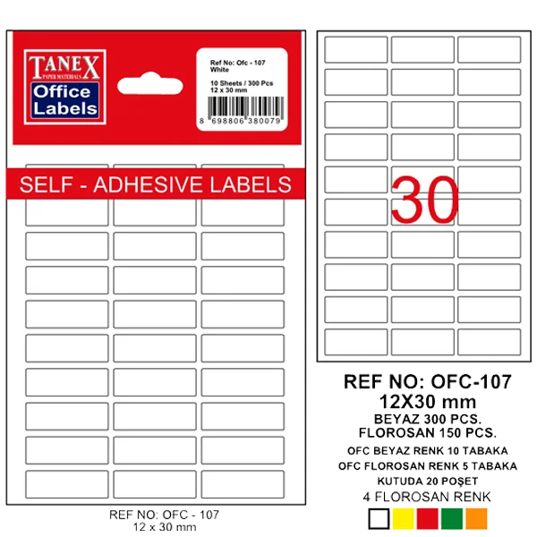 Tanex Ofis Etiketi Poşetli 12x30 MM Beyaz OFC-107