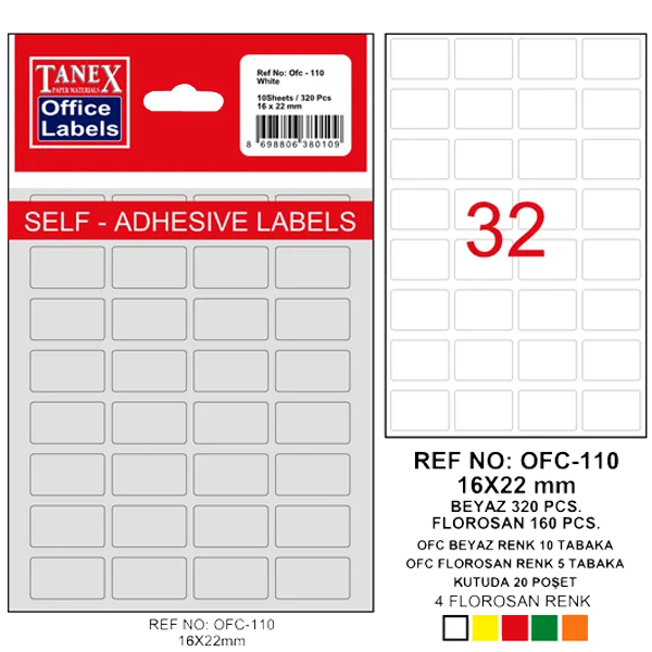Tanex Ofis Etiketi Poşetli 16x22 MM Beyaz OFC-110