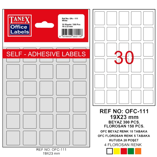 Tanex Ofis Etiketi Poşetli 19x23 MM Beyaz OFC-111
