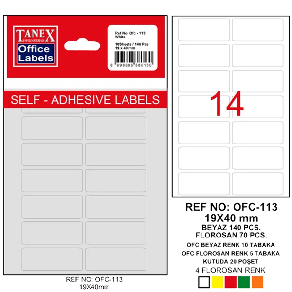 Tanex Ofis Etiketi Poşetli 19x40 MM Beyaz OFC-113