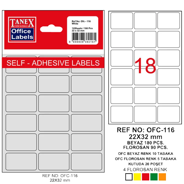 Tanex Ofis Etiketi Poşetli 22x32 MM Beyaz OFC-116