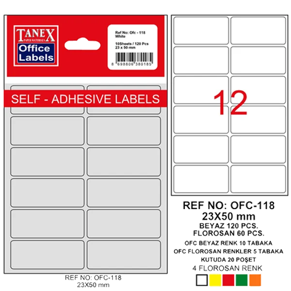 Tanex Ofis Etiketi Poşetli 23x50 MM Beyaz OFC-118