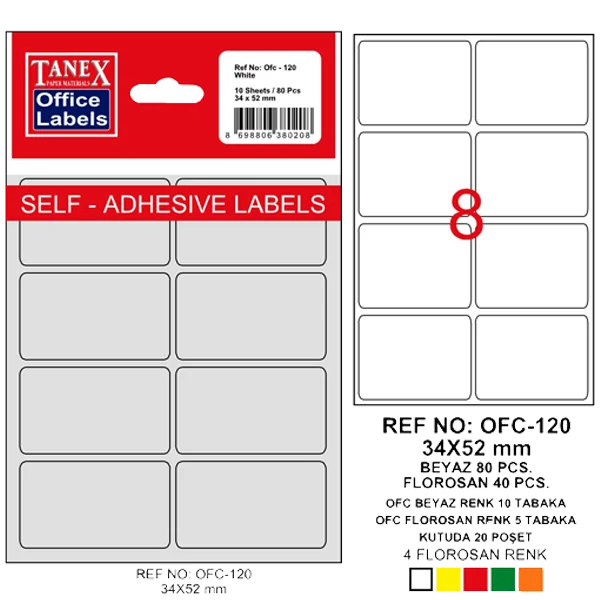 Tanex Ofis Etiketi Poşetli 34x55 MM Beyaz OFC-120