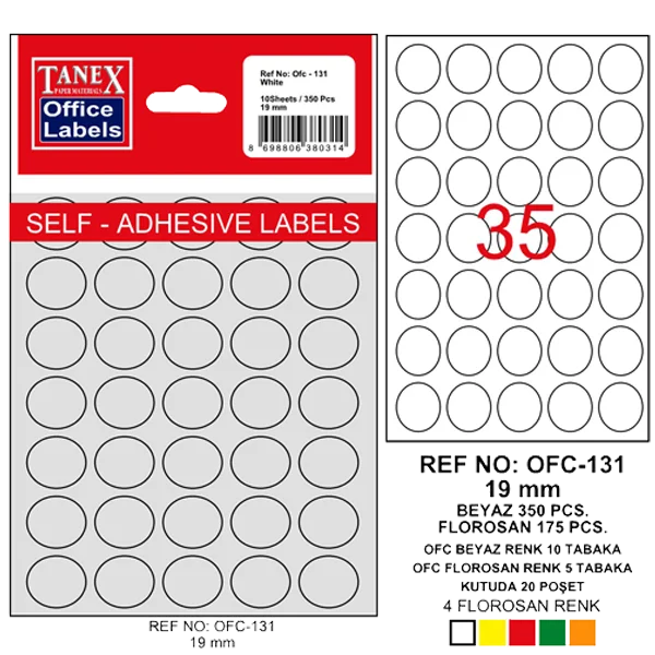Tanex Ofis Etiketi Poşetli Yuvarlak 19 MM Beyaz OFC-131